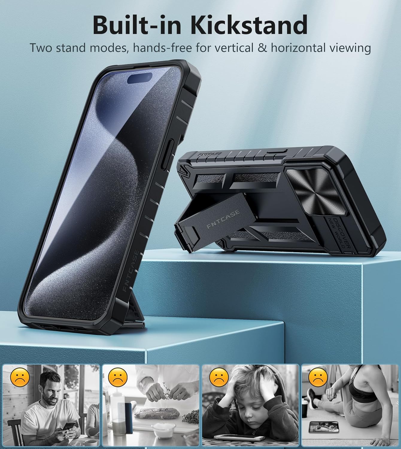 FNTCASE Funda para iPhone 15-Pro-Max Cubierta protectora de grado militar a prueba de caídas, resistente a prueba de golpes, con soporte y tobogán