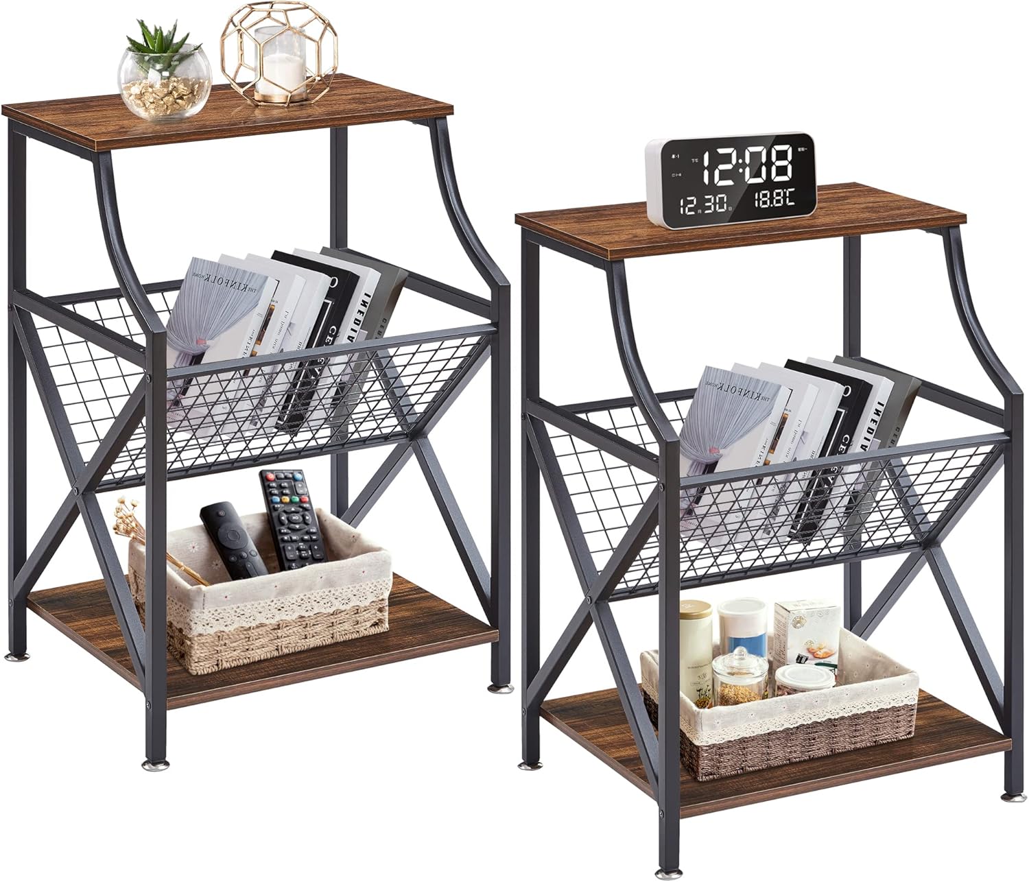 VECELO Mesita de noche pequeña de 3 niveles con estante de almacenamiento abierto para sala de estar, dormitorio, cocina, estudio, baño, moderno,
