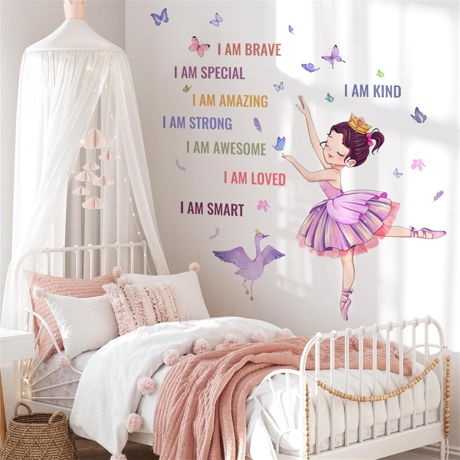 Preciosa calcomanía de pared para niña de ballet, calcomanías de pared de princesa con texto positivo diciendo que eres hermosa niña, decoración de