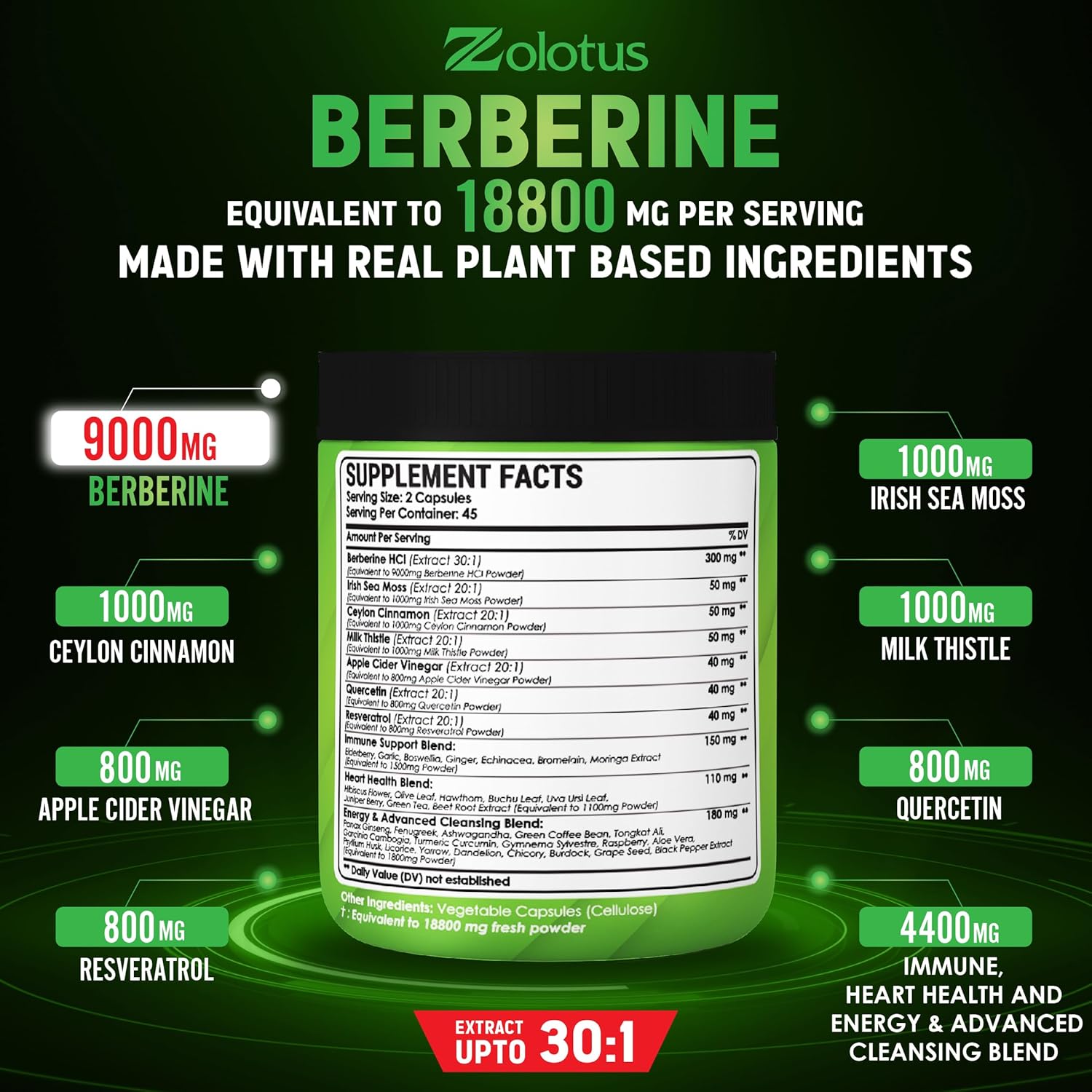 Zolotus Suplemento de berberina de 18800 mg 40 en 1, con musgo marino, canela, cardo mariano, vinagre de sidra de manzana, quercetina, el mejor