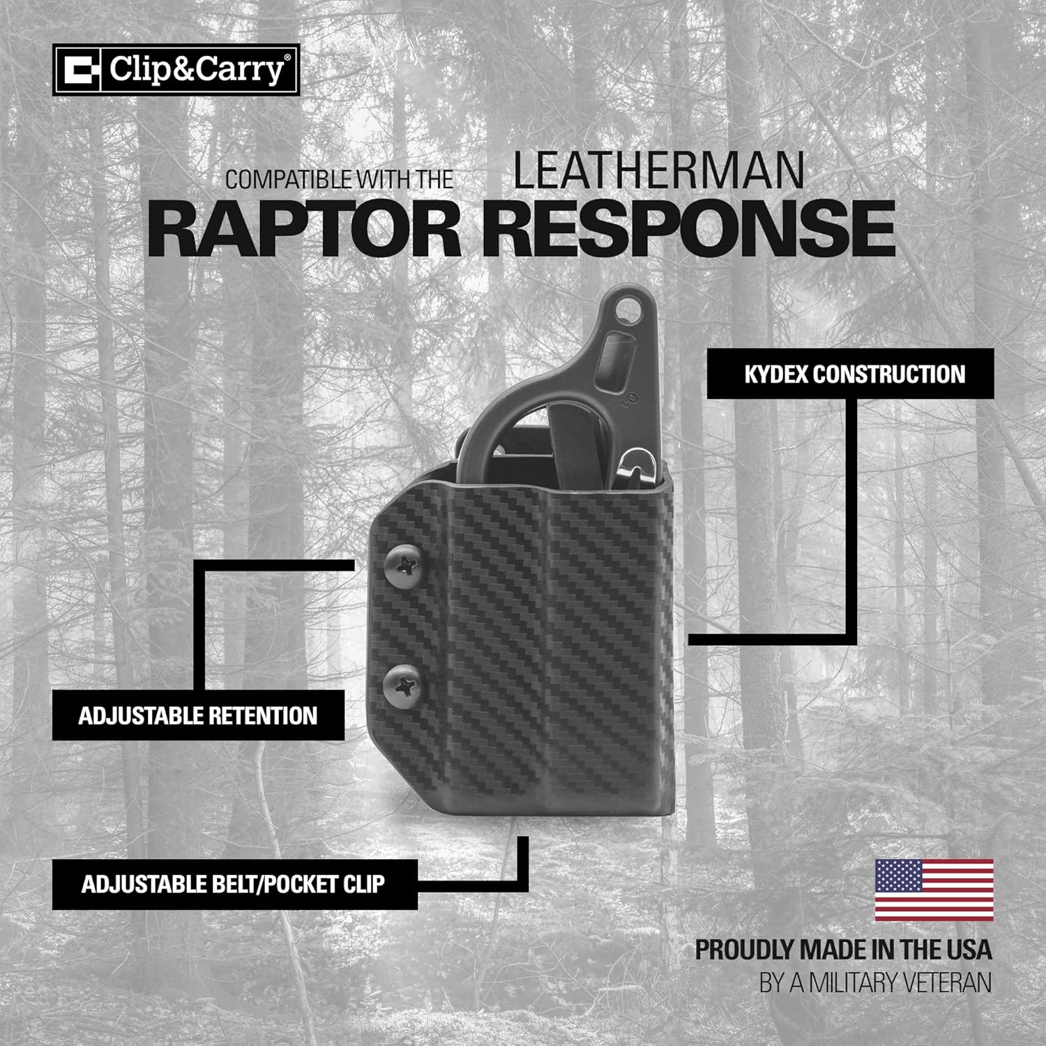 Clip & Carry Kydex – Funda multiherramienta para tijeras de trauma de respuesta Raptor de cuero – Fabricado en Estados Unidos (multiherramienta no