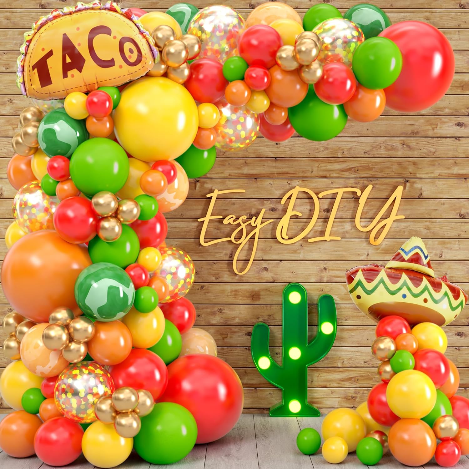 Kit de arco de globos de fiesta mexicana todo en 1 y guirnalda con tacos adicionales, globos de fiesta pequeños y grandes, rojo, amarillo, naranja,