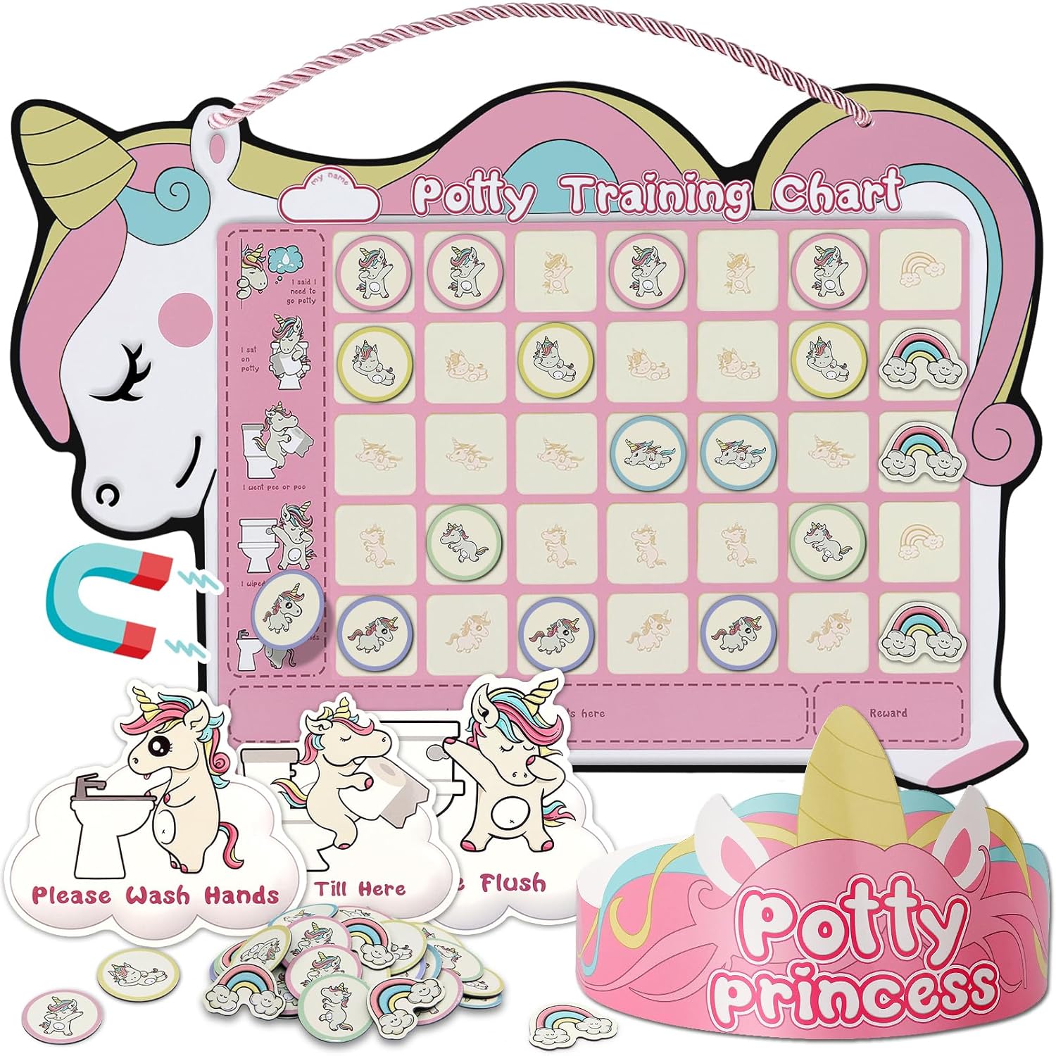 Tabla de entrenamiento para ir al baño para niñas pequeñas con 35 calcomanías magnéticas reutilizables, tabla de calcomanías de diseño de unicornio