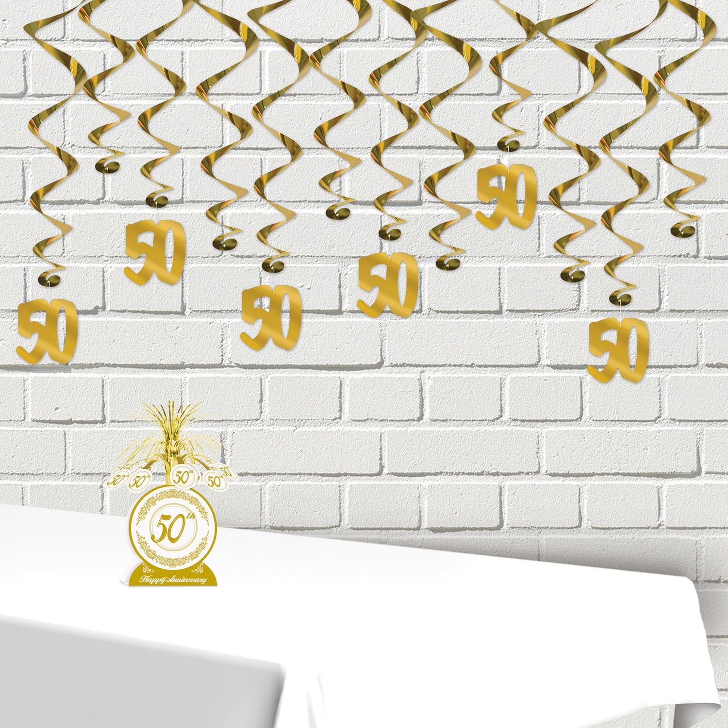 Beistle 2 piezas de 13 pulgadas 50 aniversario de boda decoración de mesa centros de mesa para celebraciones temáticas doradas, blancodorado