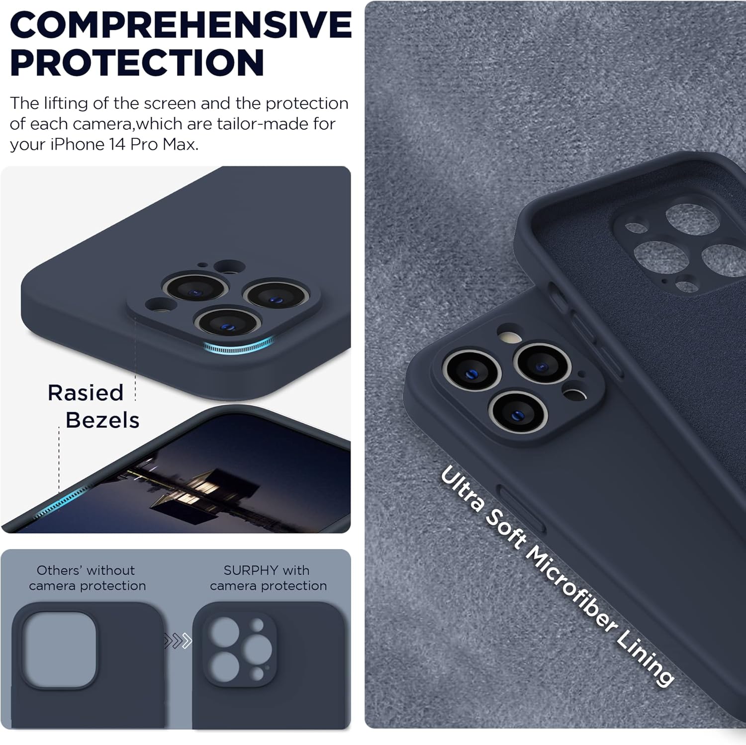 SURPHY Funda diseñada para iPhone 14 Pro Max con protector de pantalla, (con protección de cámara + forro de microfibra suave), funda de silicona