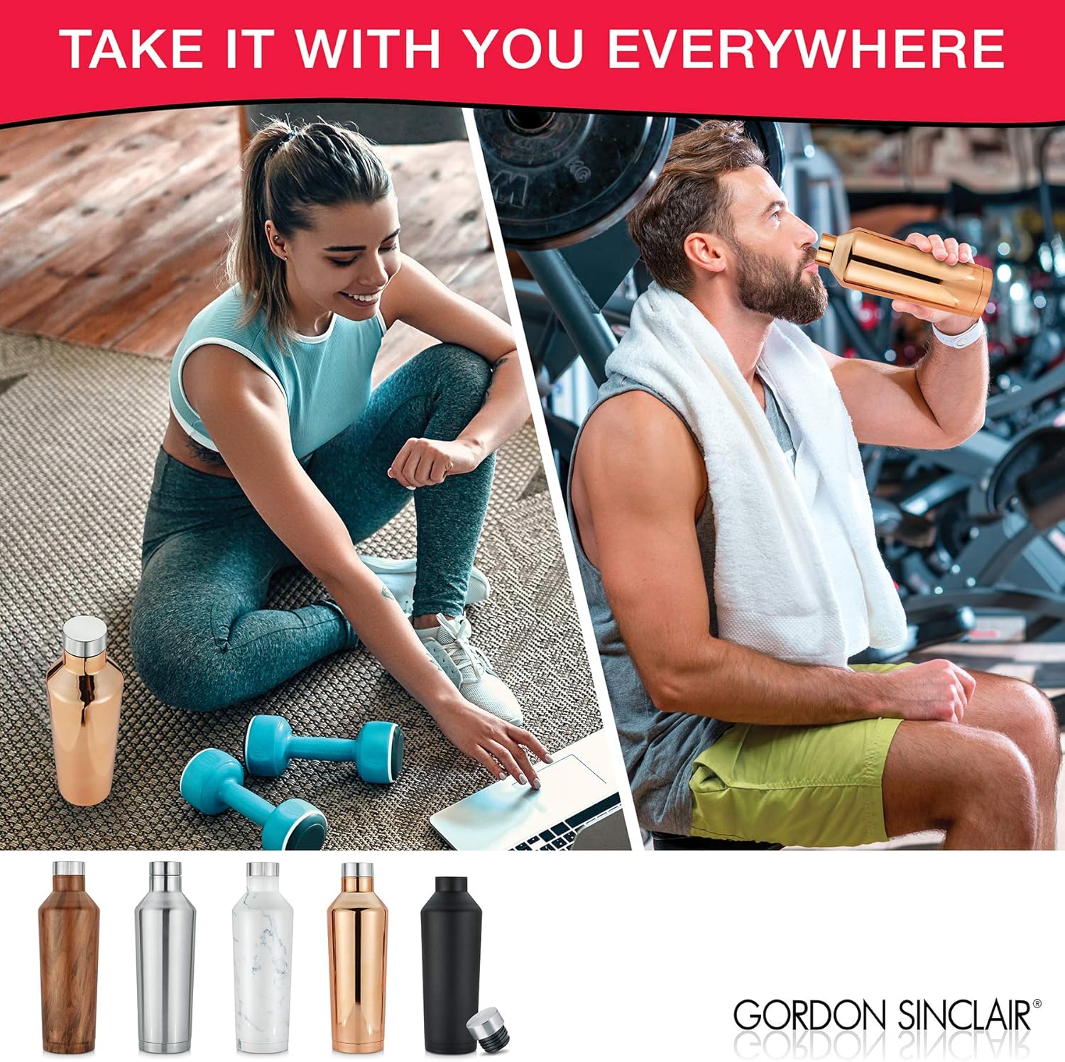 Gordon Sinclair Copper Riviera – Botellas de agua de acero inoxidable de doble pared de 17 onzas, la botella de agua aislada al vacío es a prueba de