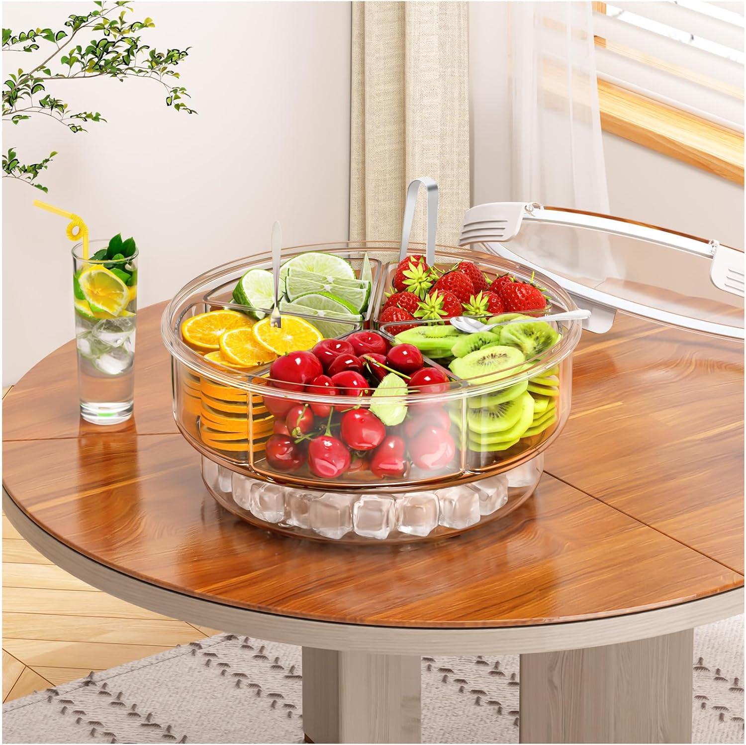 Bandeja de condimentos con 5 cucharas de acero inoxidable, 5 tenedores y 1 clip, bandeja de compartimento con tapa, servidor de condimentos, soporte