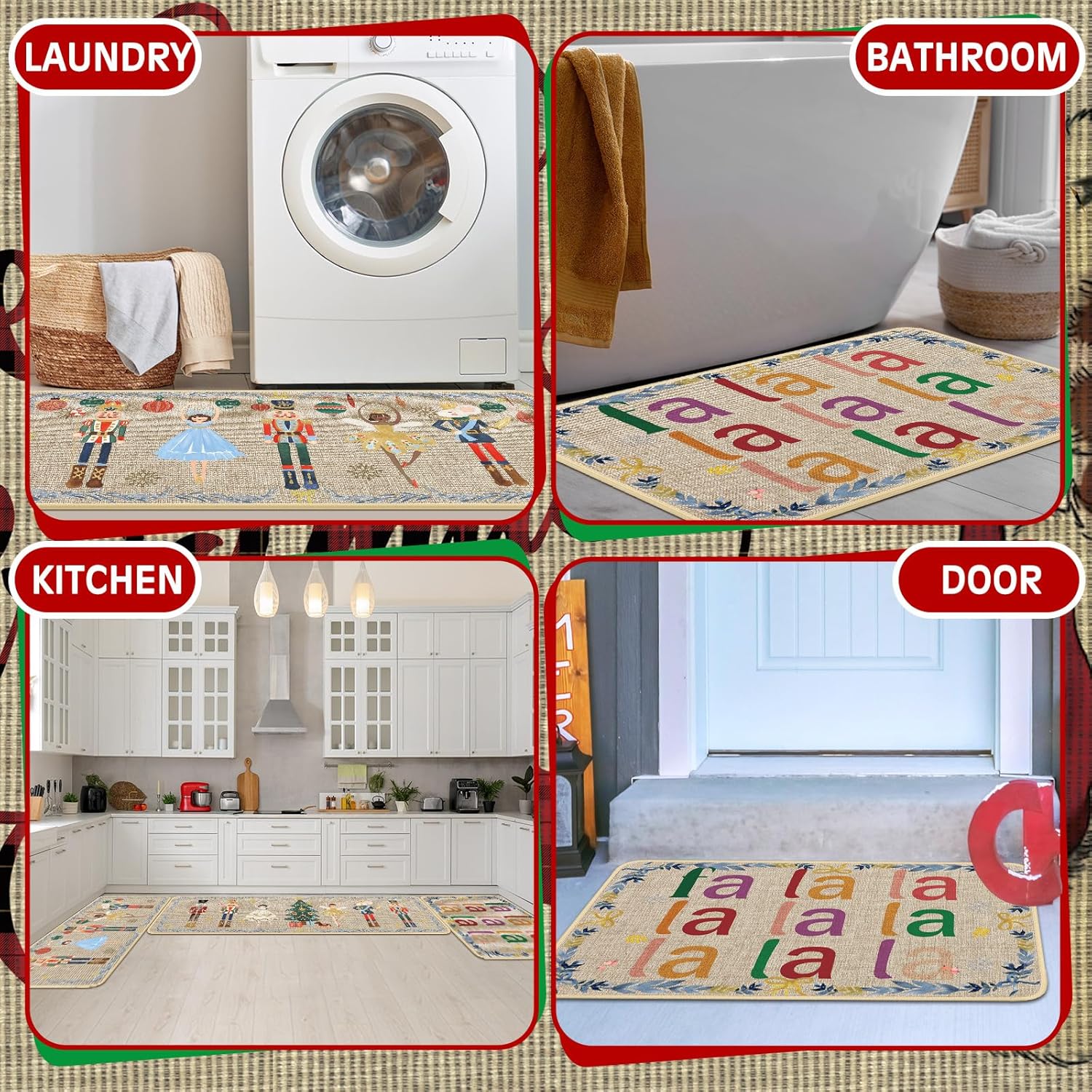 Layhit Juego de 3 tapetes de cocina de Navidad con alfombras y tapetes de pasillo de acuarela, tapetes decorativos de cocina de Navidad, alfombra de