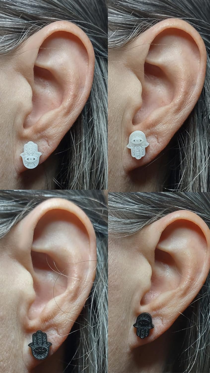 Simple Hamsa Stud Earrings MenWomenChild Plant Based Polymer Resin Vegan Jewelry (Black, Black)