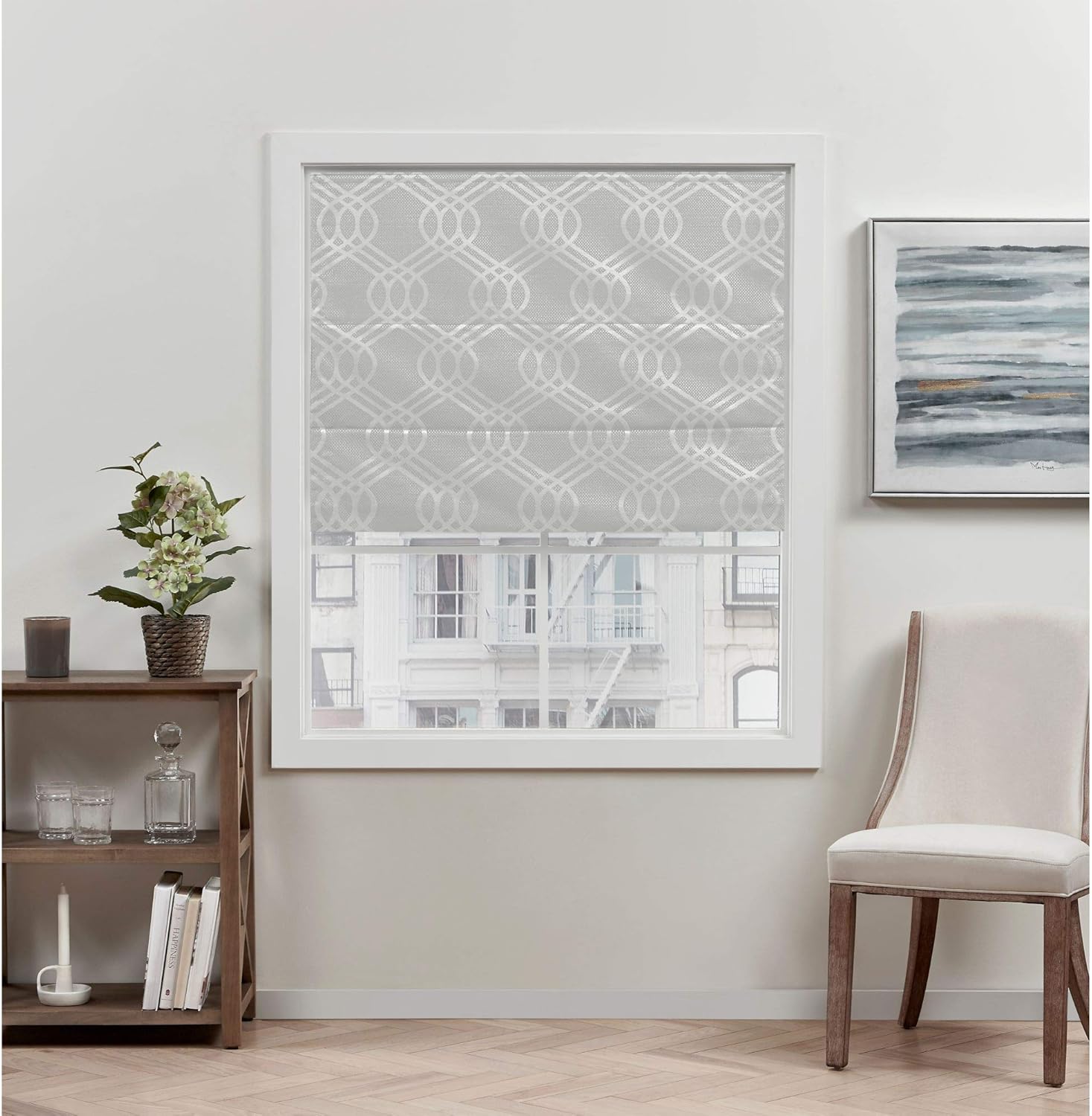 Exclusive Home Prague Trellis – Persiana romana 100% de poliéster opaco, 27 x 64 pulgadas, color plateado
