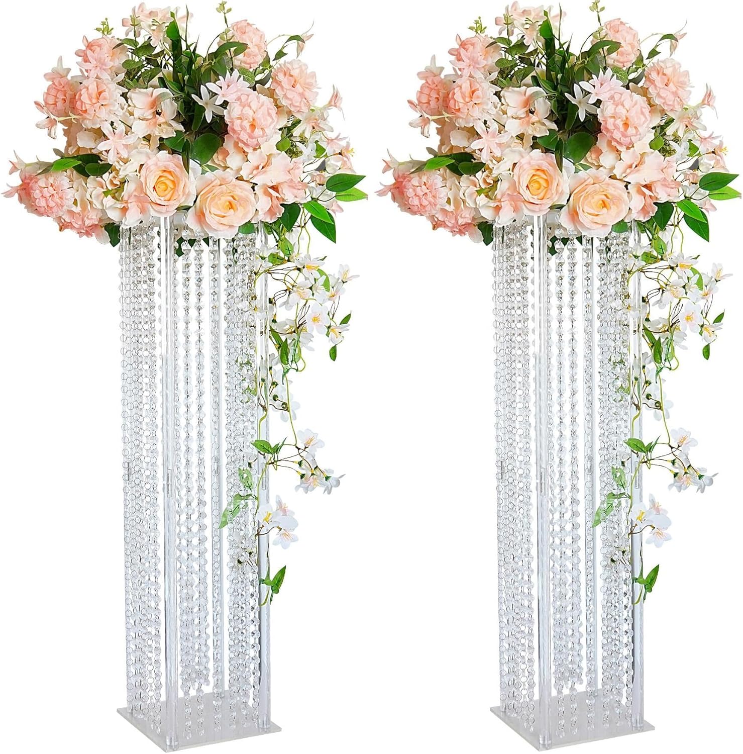 Soporte de flores de columna de acrílico con cuentas de cristal de araña, 2 piezas de 31.5 pulgadas, jarrones altos de acrílico para centros de