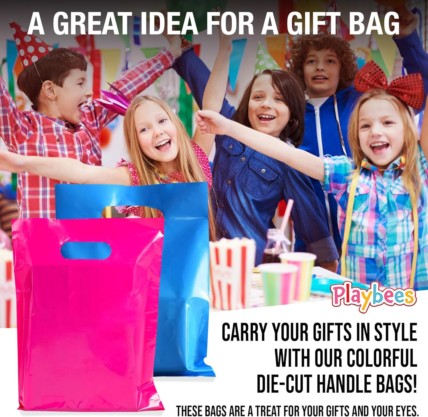 Playbees Bolsas de plástico pequeñas de colores brillantes con asas troqueladas en varios colores, paquete de 50 bolsas de comestibles de 8.75 x 12