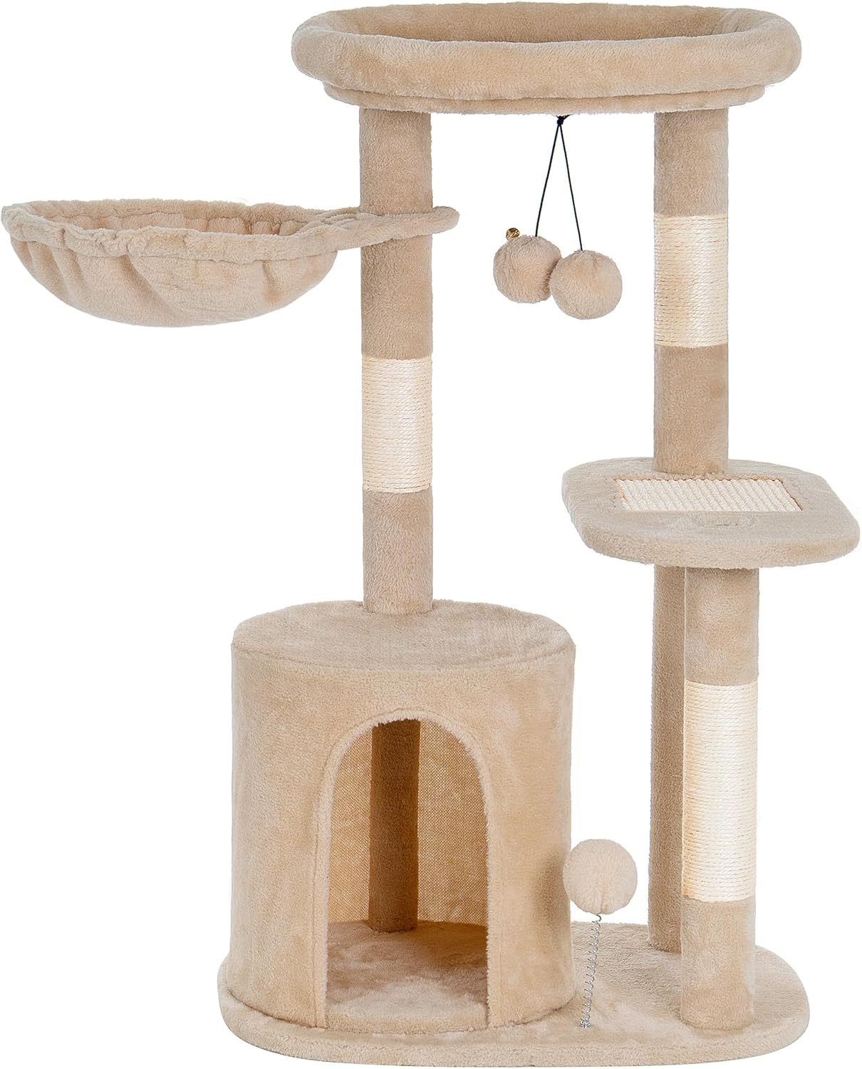 Aechonow Torre de árbol para gatos pequeños de interior con condominio y hamaca profunda, torre para gatos con poste rascador de sisal natural y