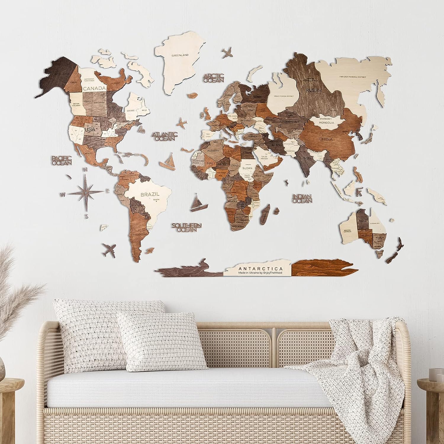 ENJOY THE WOOD 3D Wood World Map Wall Art Large Wall Décor – World Travel Map – Any Occasion Gift Idea – Wall Art For Home & Kitchen or Office