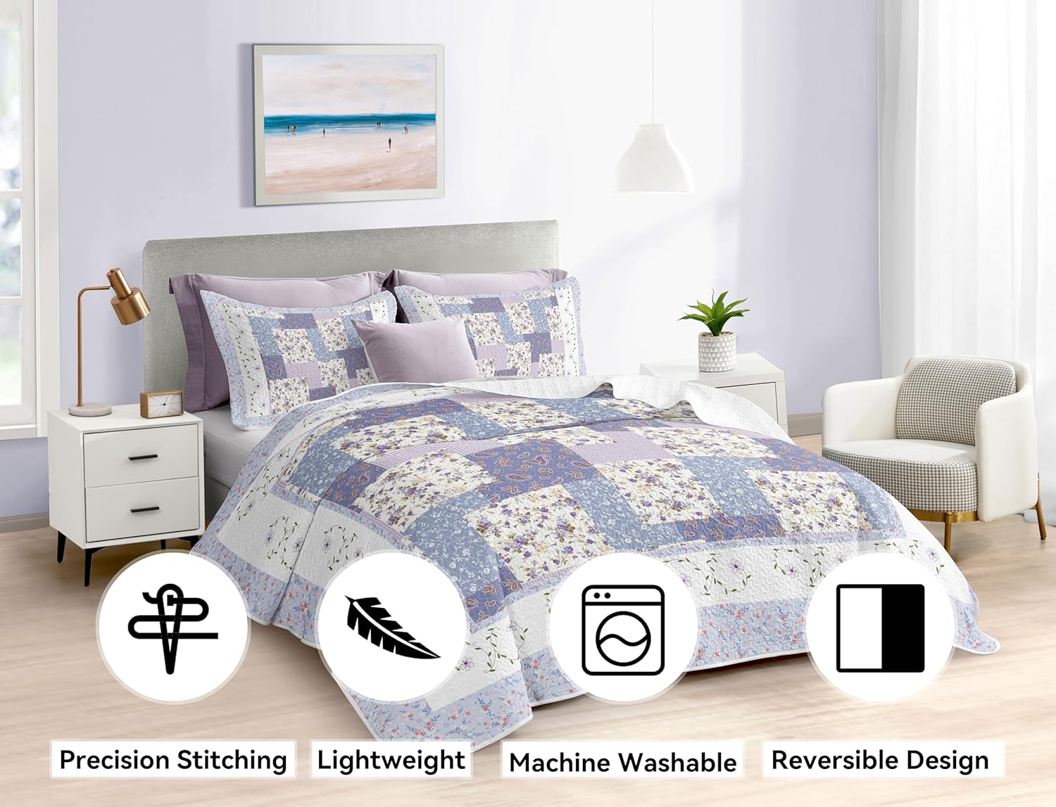 Juego de ropa de cama morada tamaño King  Colchas reversibles de microfibra con 2 fundas de almohada, ropa de cama suave y ligera, colcha de flores,