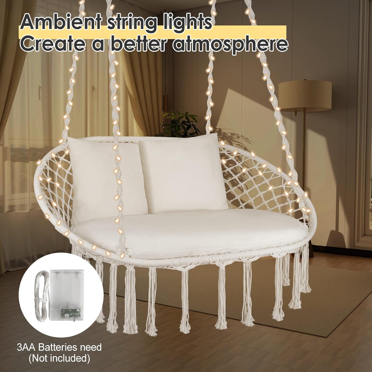 Silla oscilante doble, silla colgante grande de macramé con 3 cojines y accesorios de montaje, silla columpio tejida a mano para dormitorio, patio,