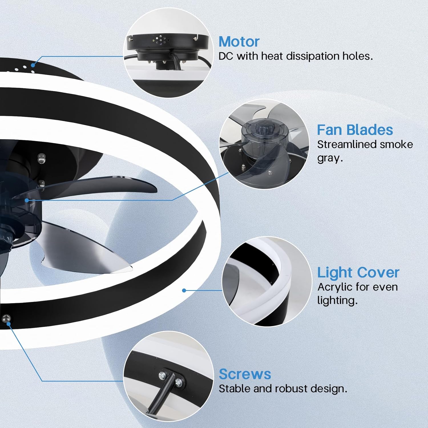 Ventilador de techo pequeño LED de perfil bajo de 15.7 pulgadas con luz, moderno, montaje empotrado semi-cerrado, aplicación inteligente y control