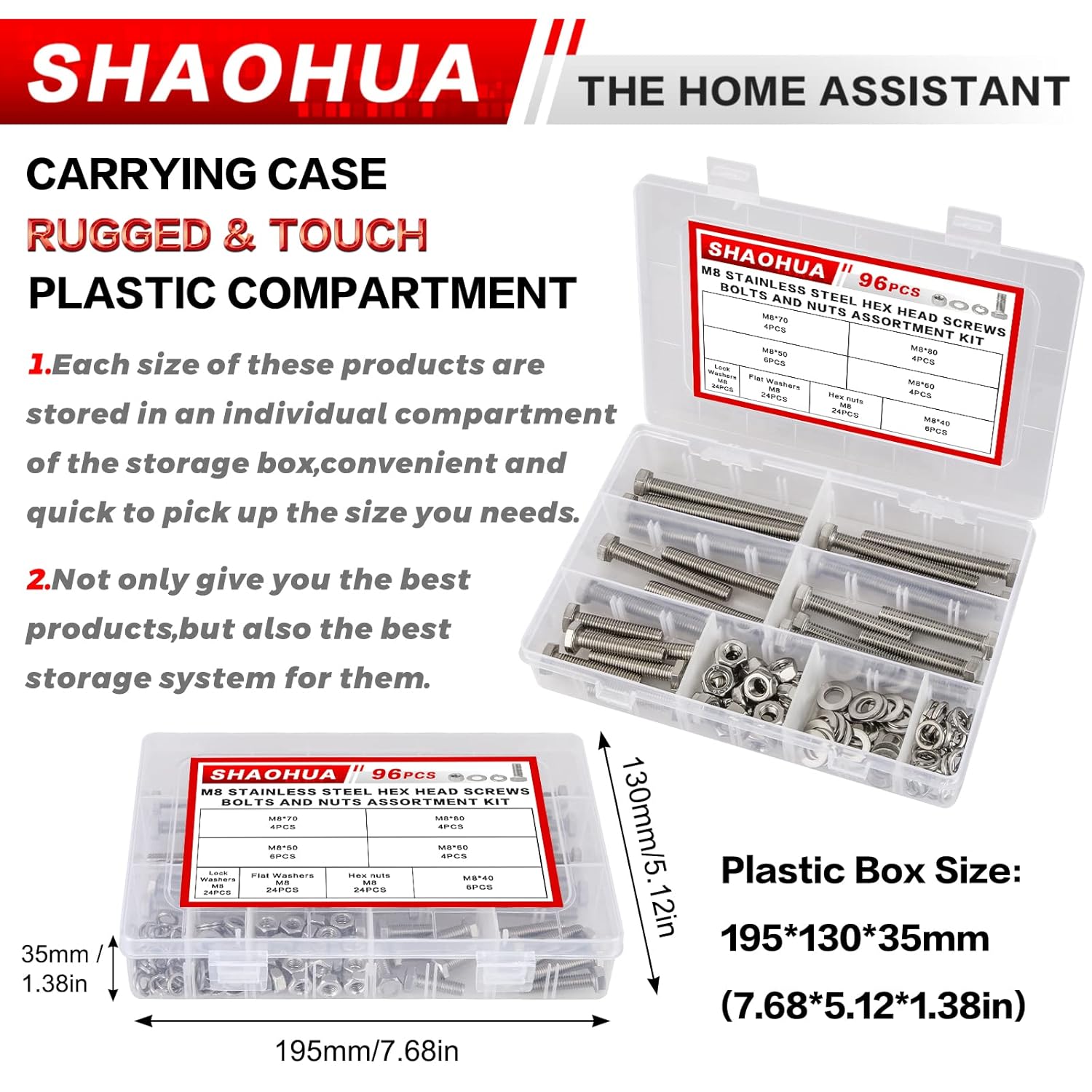 SHAOHUA Kit surtido de 96 tuercas y pernos  M8 x 405060703.150 in  Pernos hexagonales de acero inoxidable 304 resistentes, tuercas planas y