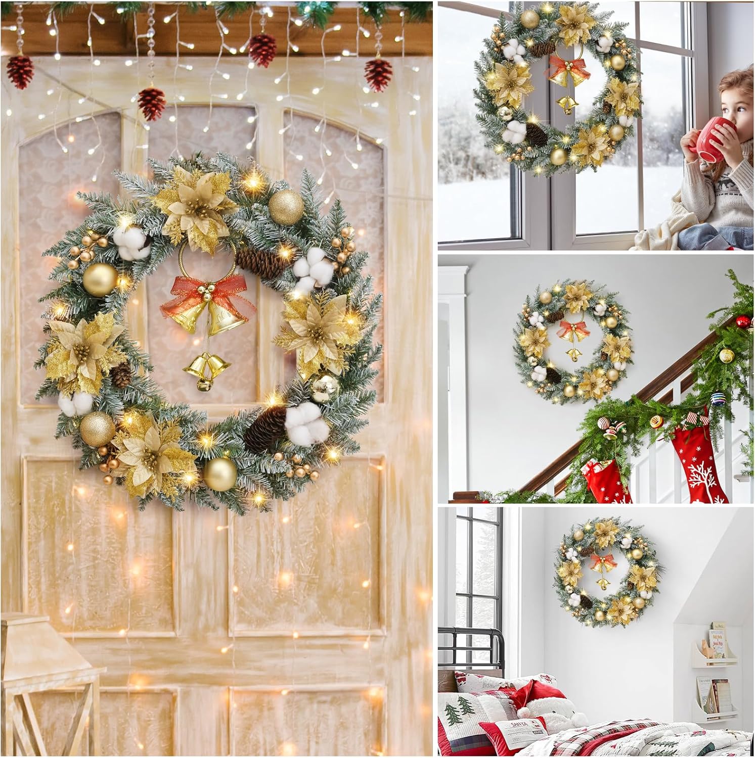 Corona de Navidad para puerta delantera, corona de puerta de Navidad para decoración de ventana al aire libre con abeto, cono de pino, racimo de