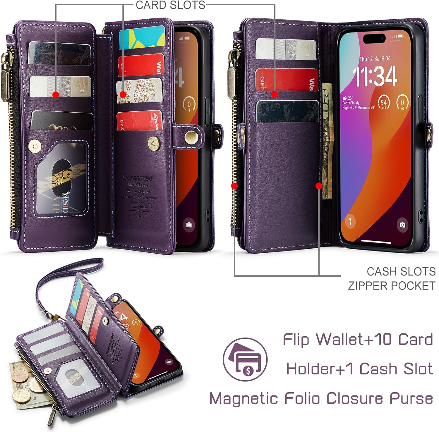 Defencase Funda para iPhone 15 Pro Max, bloqueo RFID, funda tipo cartera para iPhone 15 Pro Max para mujeres y hombres, con tarjetero y cremallera,