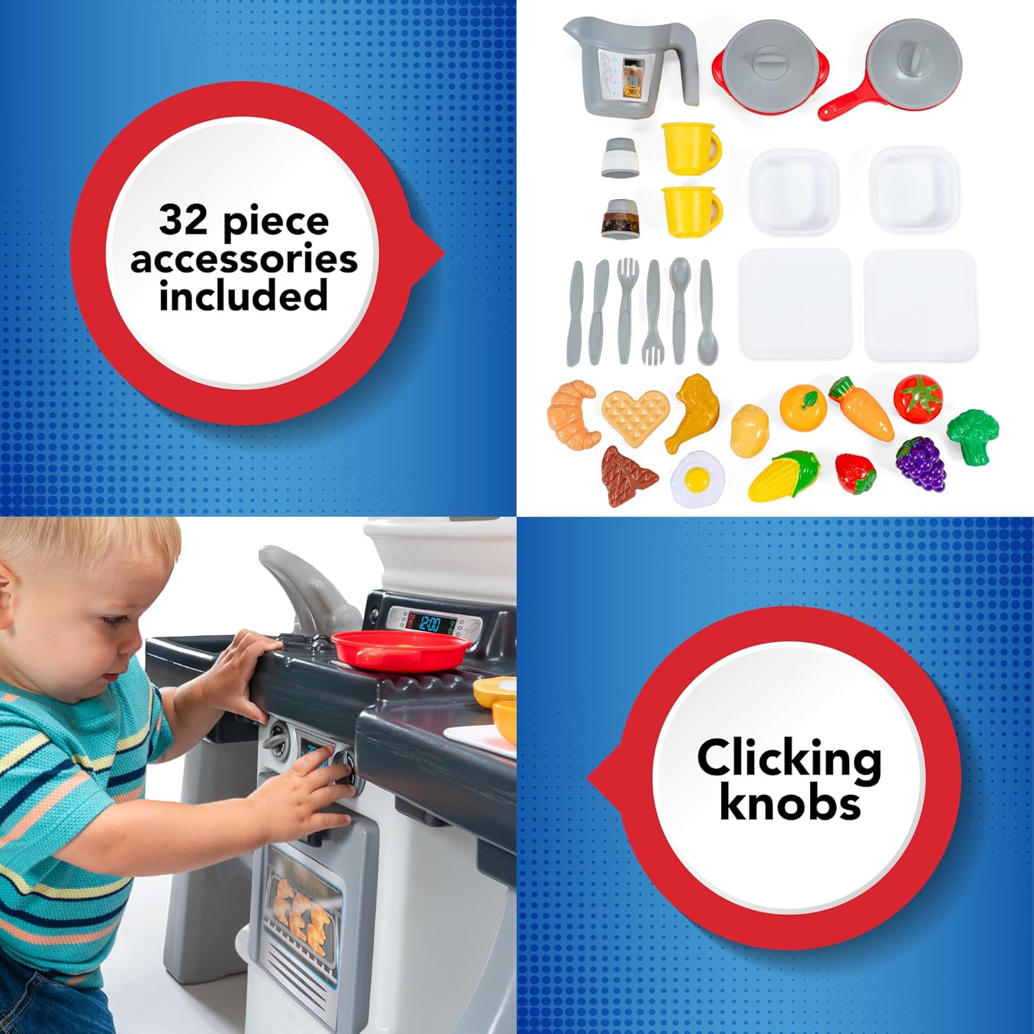 Simplay3 Cooking Kids – Juego de cocina con mesa de 2 asientos y juego de cocina para niños de 32 piezas
