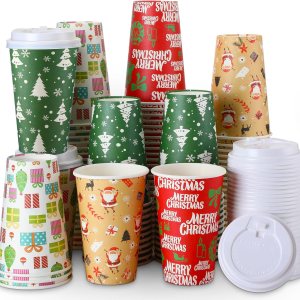 100 vasos de papel de café de Navidad con tapas, 16 onzas, desechables, muñeco de nieve, Papá Noel, elfo, tazas de papel para bebidas calientes de 100 vasos de papel de café de Navidad con tapas, 16 onzas, desechables, muñeco de nieve, Papá Noel, elfo, tazas de papel para bebidas calientes de