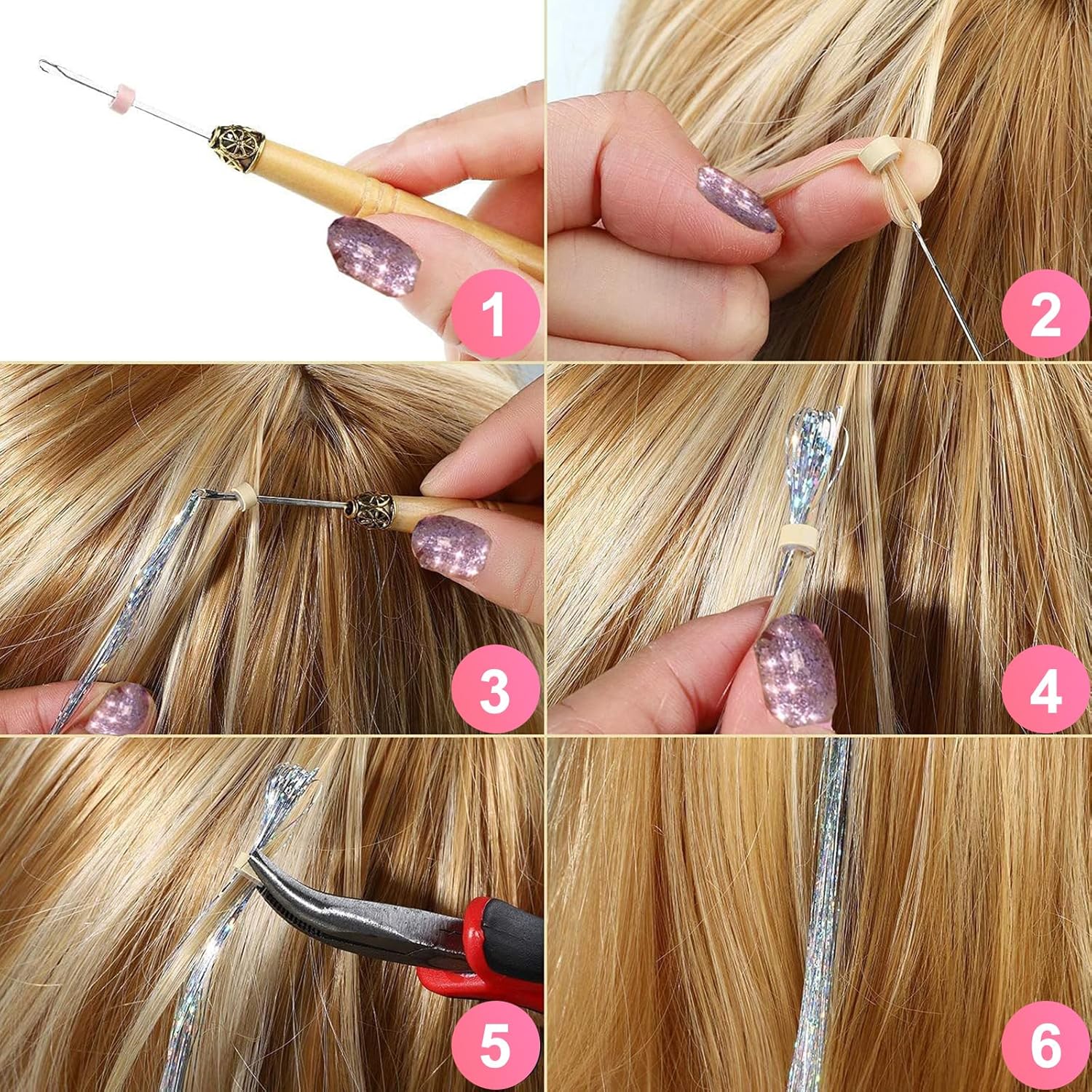 Kit de oropel para el cabello (48 pulgadas, 16 colores, 4800 hebras, 1 alicate, 2 pinzas para el cabello, 1 trío, 200 cuentas de anillo de