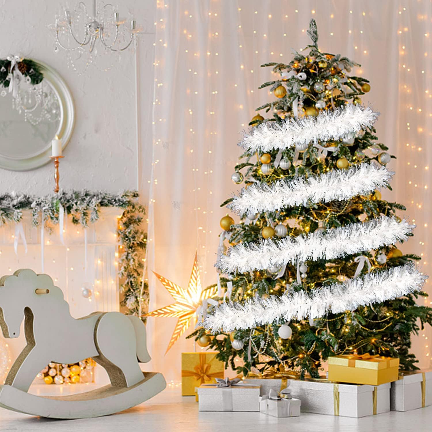 Guirnalda de oropel de Navidad de 33 pies, guirnalda colgante metálica trenzada blanca para árbol de Navidad, chimenea, decoración del hogar