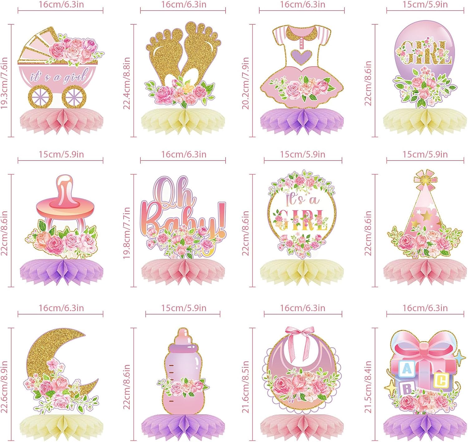 12 centros de mesa de nido de abeja para baby shower, decoración de fiesta para niñas, diseño floral de oro rosa rosa con texto en inglés “It’s a
