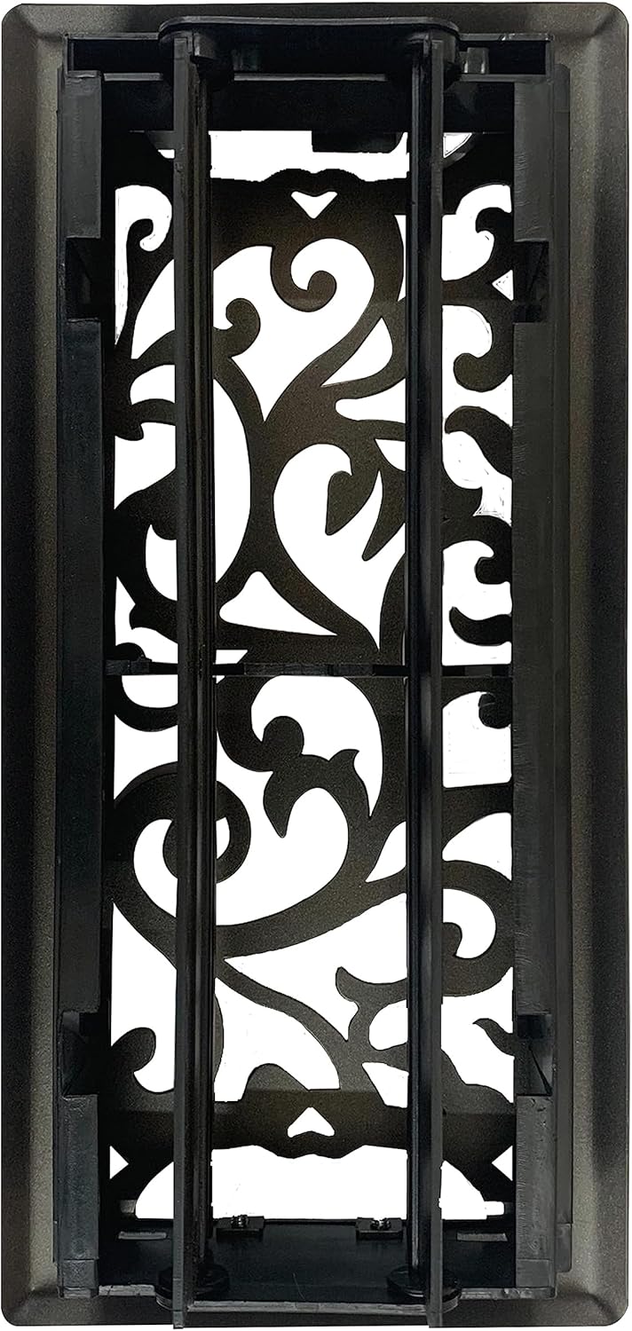 Precision Flow Registro de piso de acero de 4 x 12 pulgadas, diseño floral, acabado negro de hierro fundido, cubiertas de ventilación prémium para