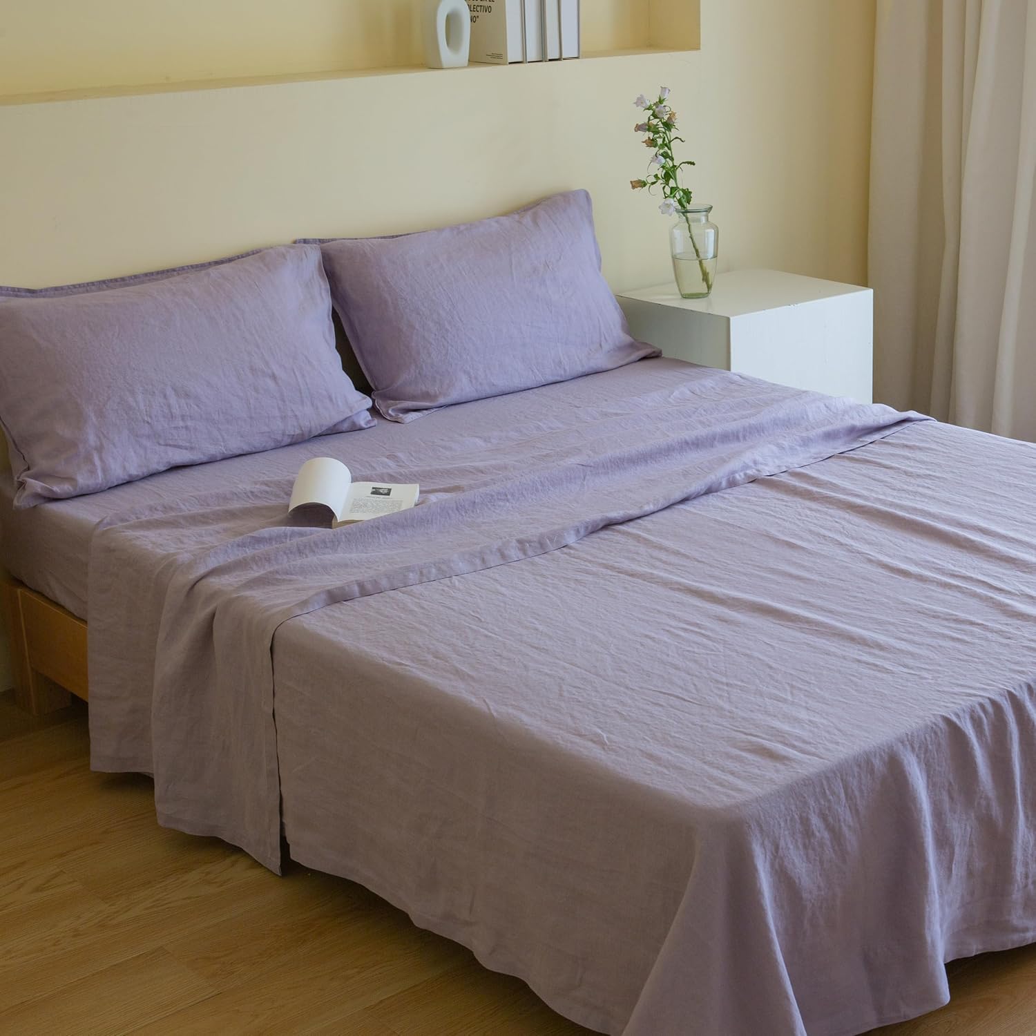 Simple&Opulence Juego de sábanas de 100 % lino liso, 4 piezas de lino francés lavado, juego de ropa de cama transpirable, 1 sábana encimera, 1