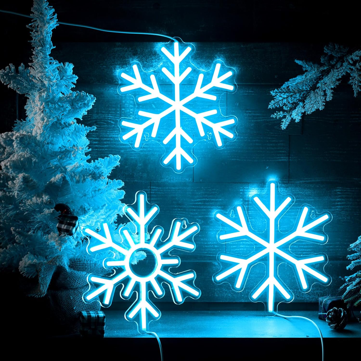 Treela Letrero de neón de copo de nieve de Navidad, letrero de neón azul hielo, luz de neón de Navidad, decoración de Navidad con USB, para colgar