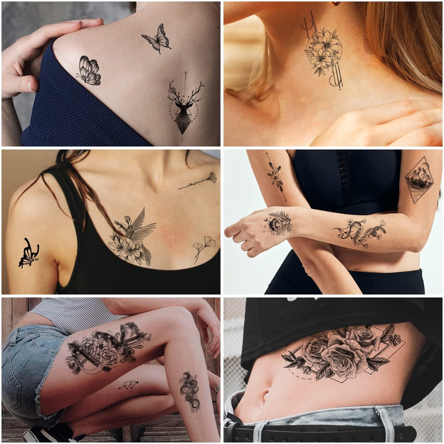 Leesgel 69 hojas de tatuajes temporales para adultos, diseño de flores, luna, rosa, serpiente, media manga, calcomanías de tatuaje para mujeres y