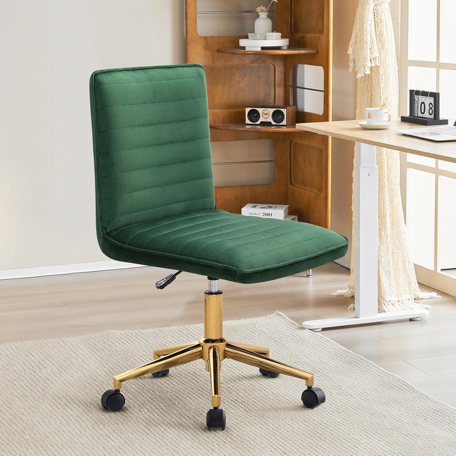 Furnimart Silla de escritorio de terciopelo sin brazos para oficina en casa, sillas de tareas ajustables, silla de oficina tapizada giratoria