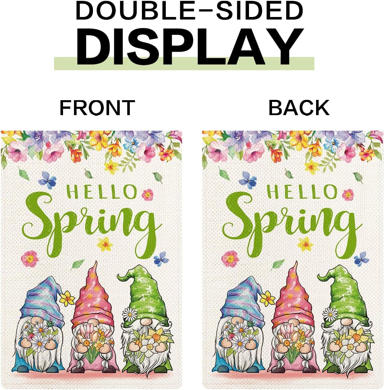 Juego de 4 banderas de jardín de temporada, diseño de Hello Spring, verano, otoño, invierno, tres gnomos, arpillera, banderas de patio con impresión