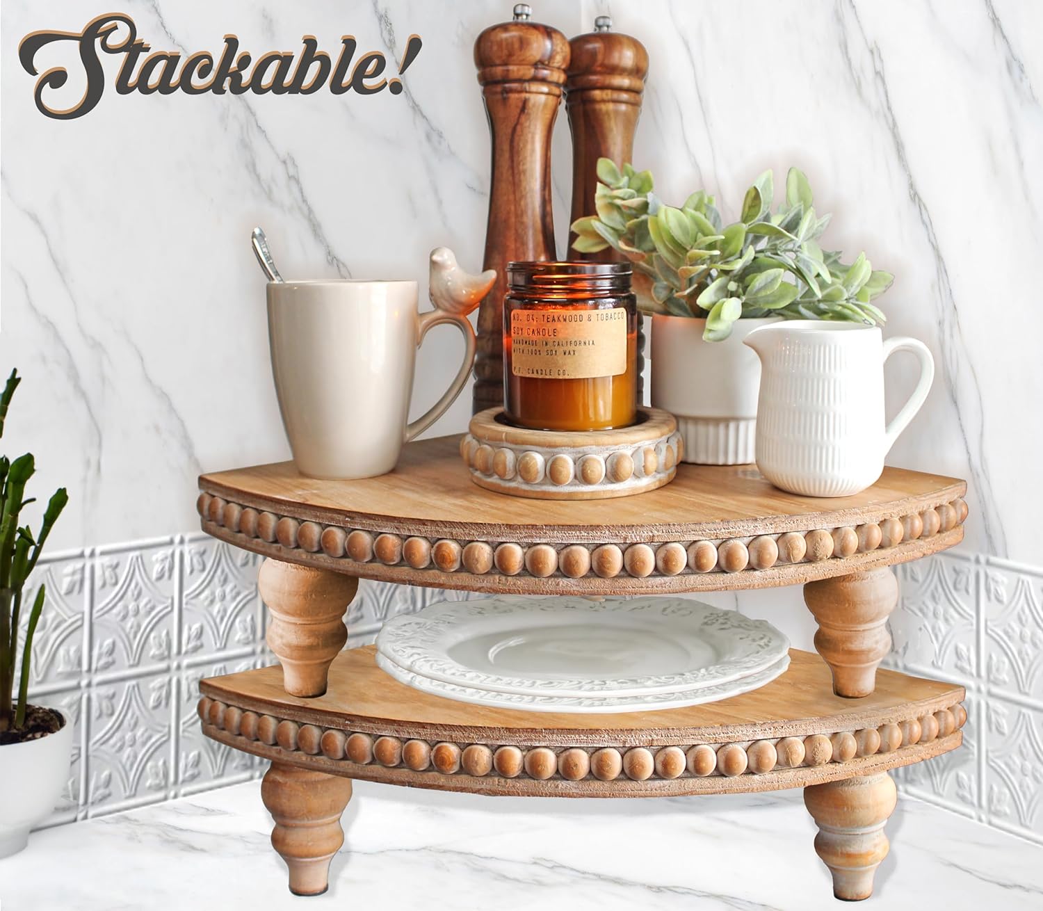 Soporte de esquina de granja con patas extraíbles  Organizador de encimera de baño, bandeja decorativa elevadora, bandeja de madera con cuentas,