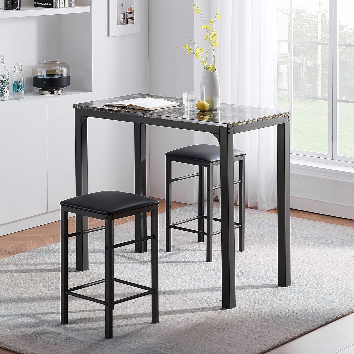 VECELO Taburetes de mesa de bar, 3 piezas rectangulares de altura de cocina, pub, mesa, sala de estar, bistró, juego de comedor para 2, negro retro