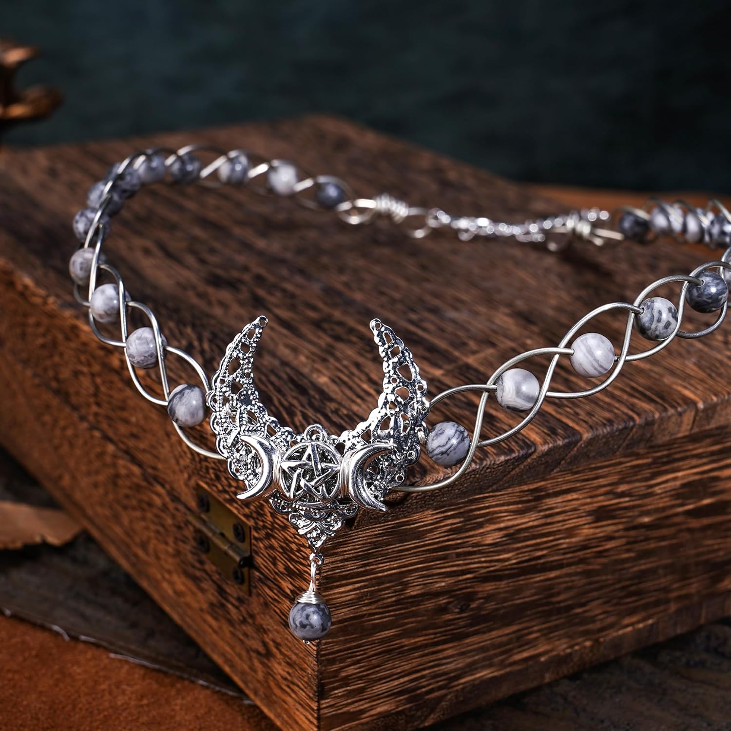 CoTeeZa Circlet Headpiece Viking Celtic Silver Fairy Crown Handmade Medieval Moon Headband Tiara Crystal Braided Cosplay Wreath Costume Hair