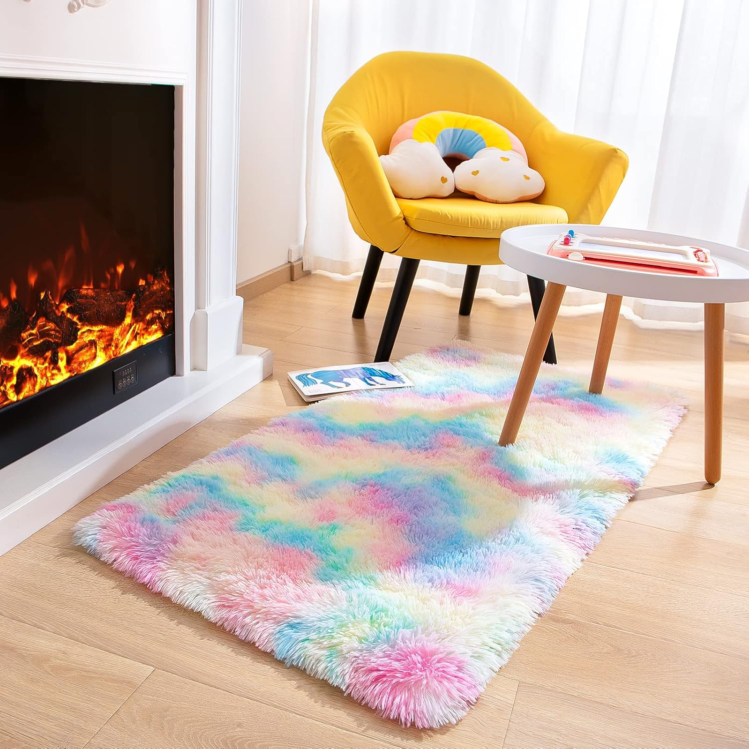JUNOVO – Alfombras suaves de arcoíris para habitación de niñas, alfombras coloridas y esponjosas para el suelo, alfombra de juego lanuda para niños,