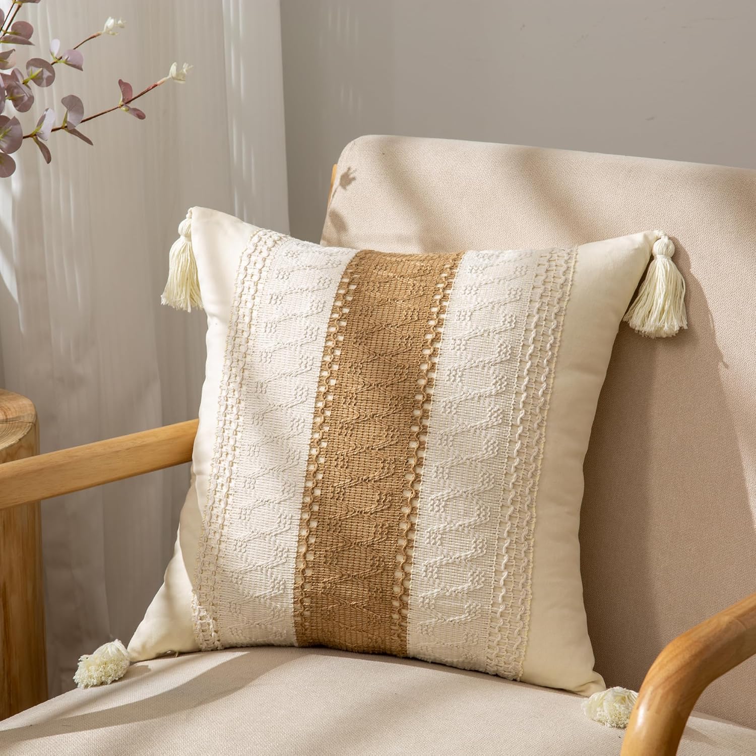 Mayler Yee Fundas de almohada bohemias, fundas de almohada de 18 x 18 pulgadas con borlas para sala de estar, algodón y arpillera texturizada a