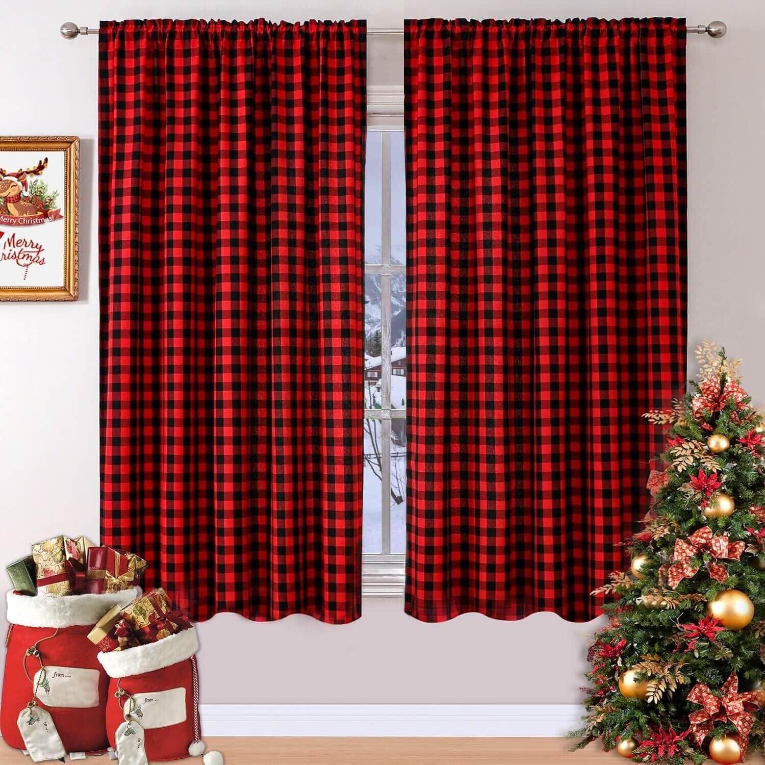 WUBODTI Cortinas a cuadros rojos de Navidad de 63 pulgadas de largo, 2 paneles, cortinas de cuadros rojos y negros, cortinas de cocina a cuadros