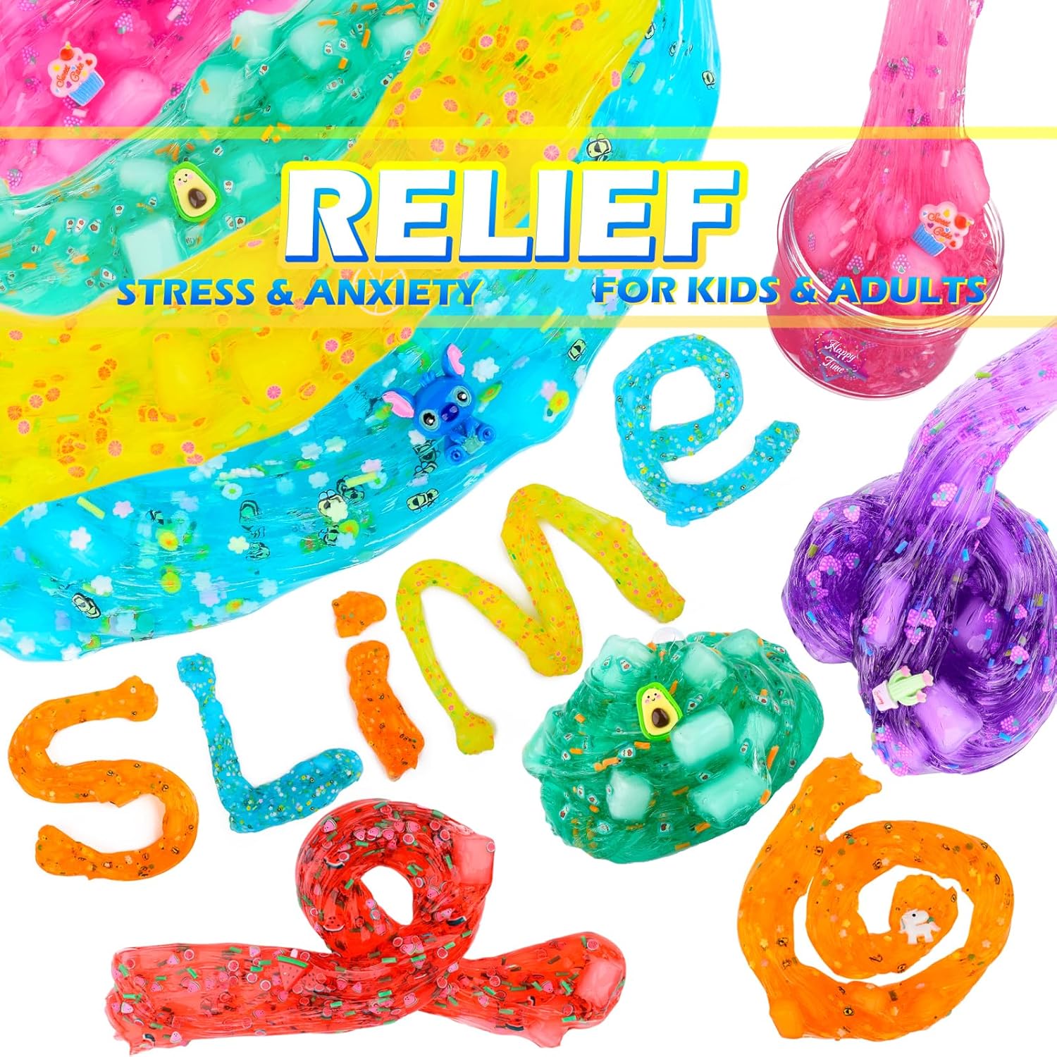 Paquete de 7 unidades de slime transparente con cubos de gelatina, sandía, aguacate, limón, rosa, azul, limo transparente, juego de limo de cristal