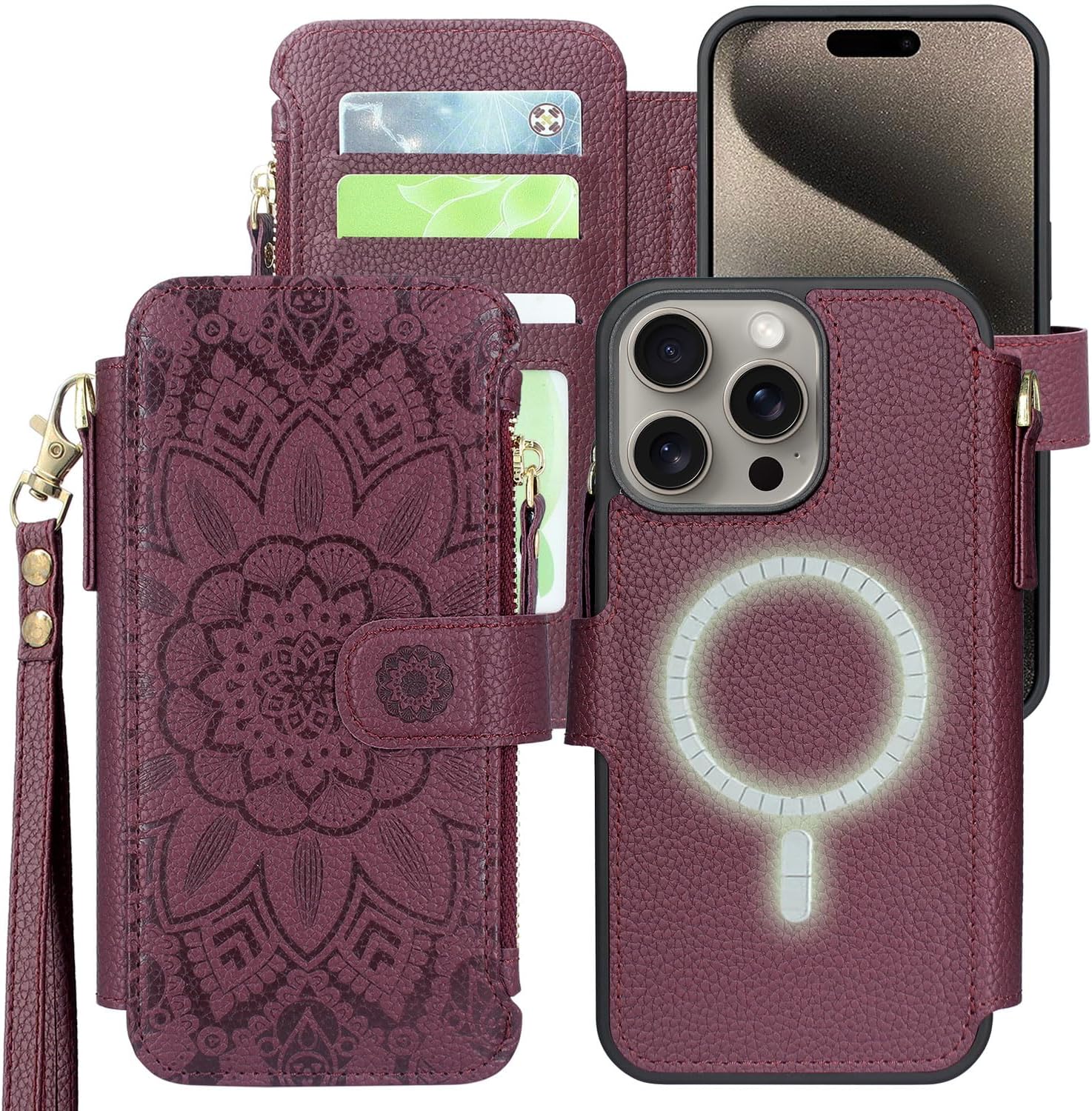 Harryshell Funda compatible con iPhone 15 Pro, con carga inalámbrica MagSafe con 3 ranuras para tarjetas, bolsillo con cremallera, bolsillo con