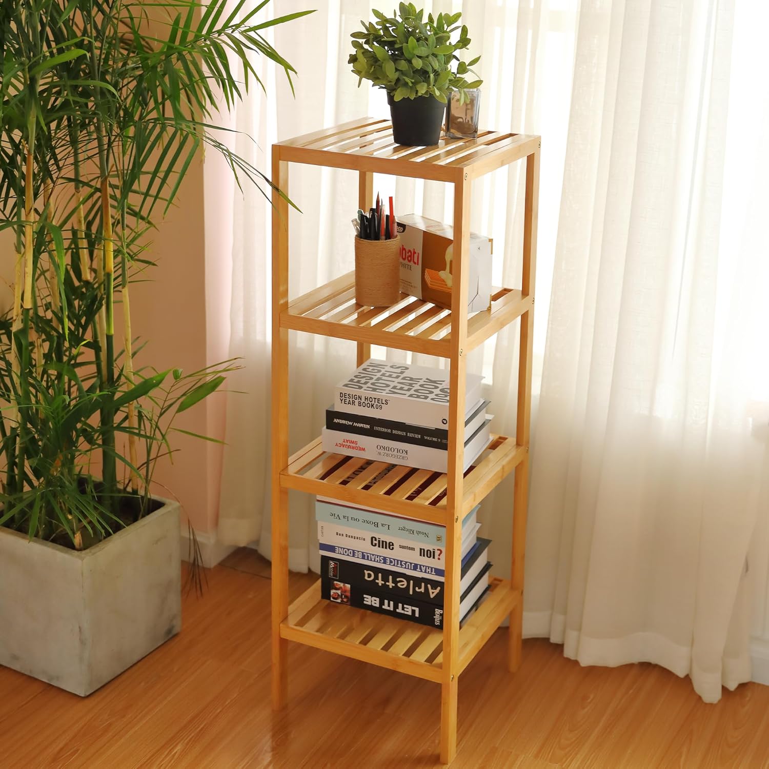 SIMEFUL 4-Tier Narrow Bathroom Shelf, Bamboo Corner Rack Book Shelving Unit, Plant Stand Wood Shelf, Multifunctional Storage Rack for Living Room,