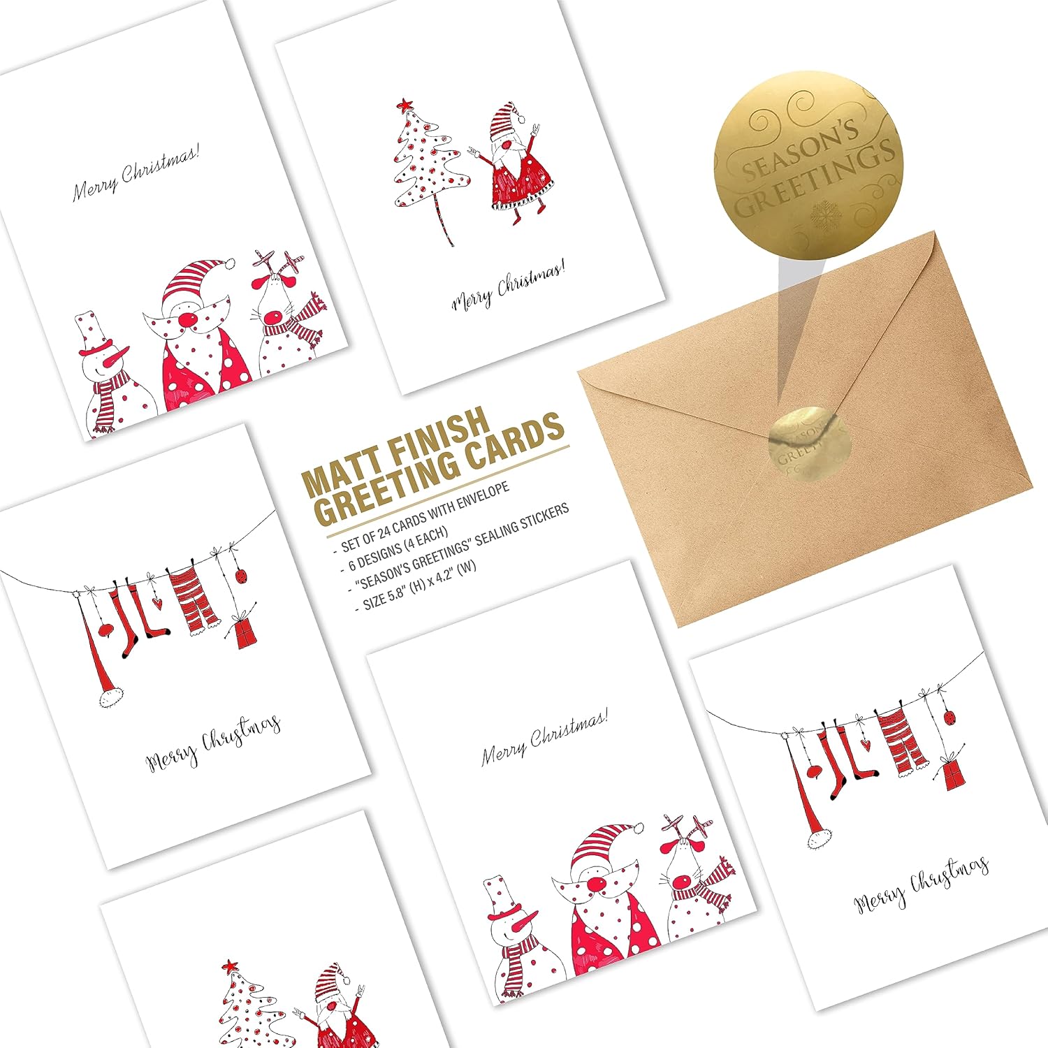 easykart labels Surtido de 24 tarjetas de Navidad con sobres y calcomanías de sellado, 3 diseños temáticos de Papá Noel, 5.75 x 4.25 pulgadas para