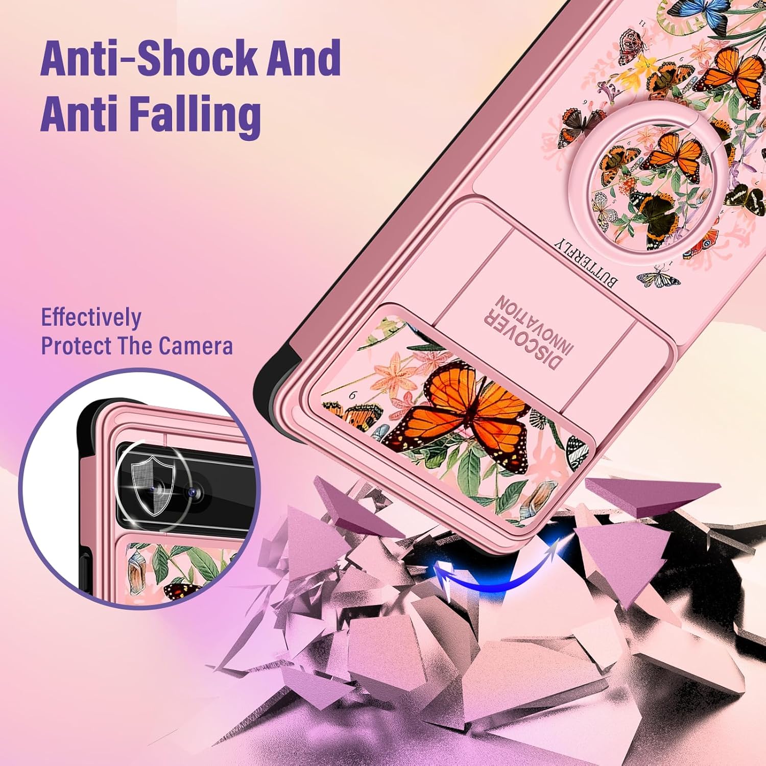 Funermei Funda 2 en 1 para Google Pixel 6A para mujeres, linda funda de mariposa para niñas, diseño único con funda para cámara y soporte de anillo