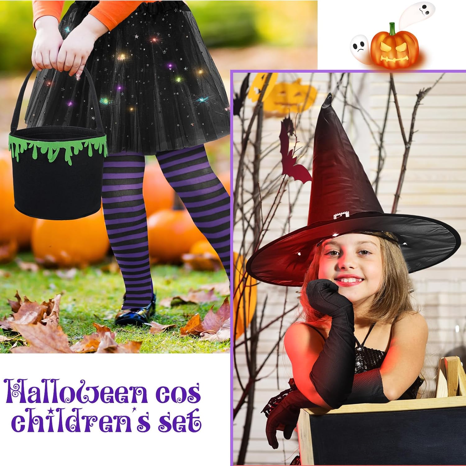 Bonuci Juego de 6 piezas de disfraz de bruja para niños, falda tutú con luz LED, sombrero de bruja, guantes, escoba y medias a rayas, caldero para
