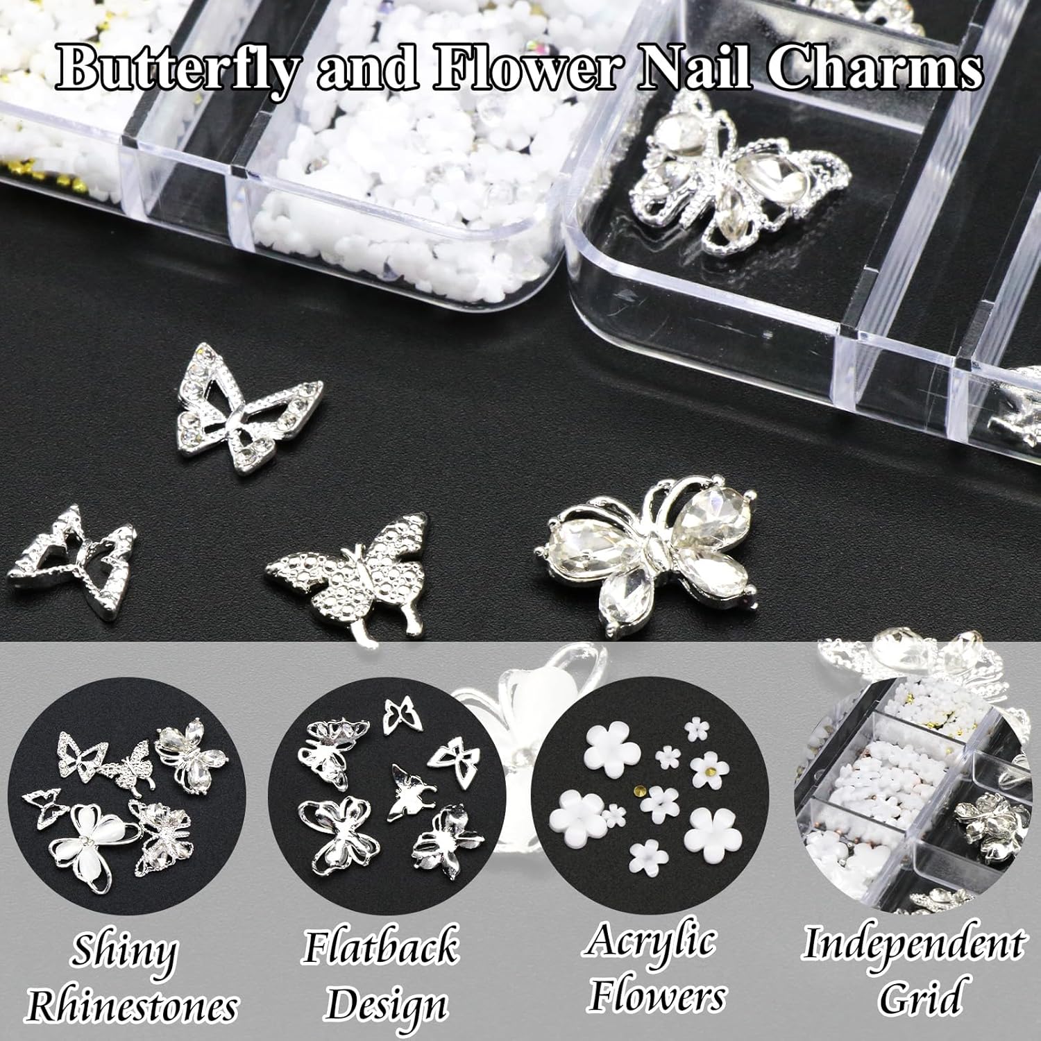 Kit de dijes para arte de uñas con flores blancas acrílicas 3D, 20 piezas de dijes de mariposa de metal con formas mixtas, diamantes de imitación