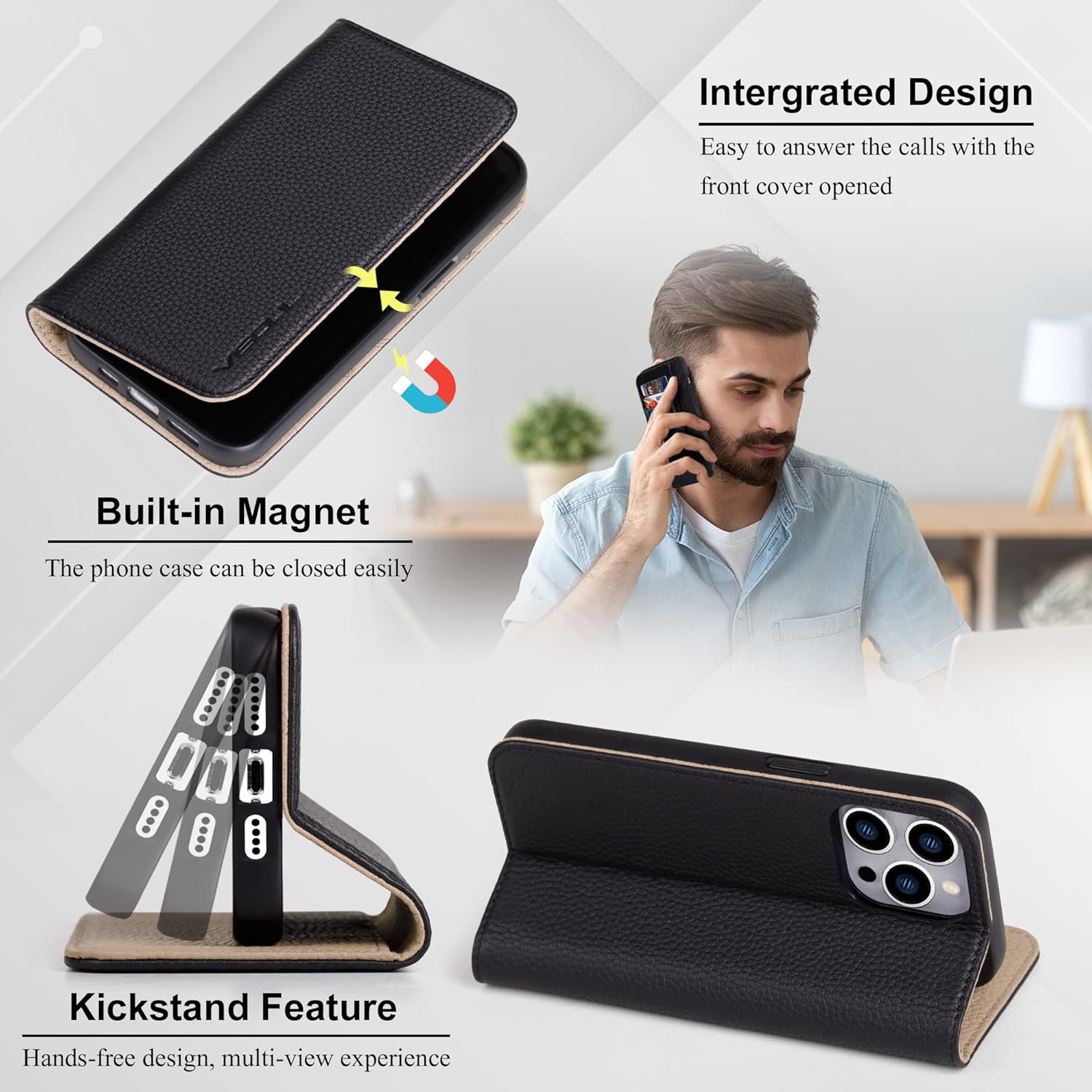 VISOUL Pebbled – Funda de piel auténtica para iPhone 15 Pro Max con soporte para tarjetas, funda magnética con función atril para iPhone 15 Pro Max