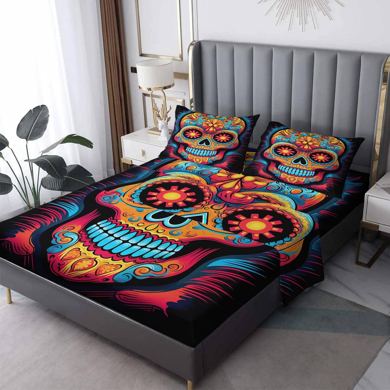 Day of The Dead – Juego de sábanas de 4 piezas, tamaño King, diseño de calavera de azúcar, sábanas y fundas de almohada, 4 piezas, sábana bajera